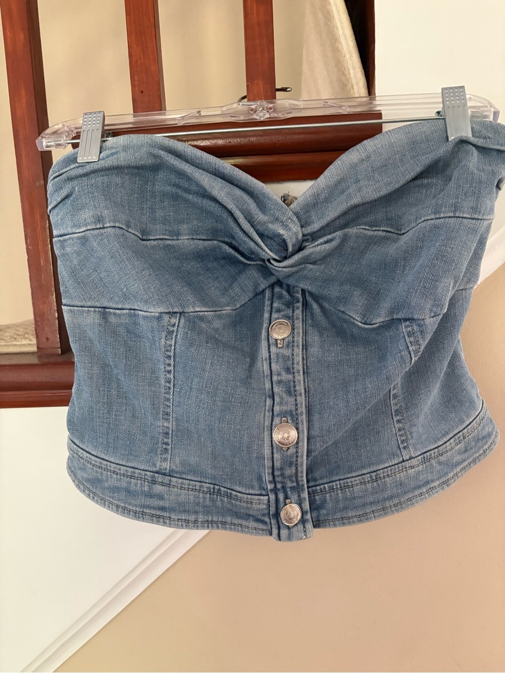 White House Black Market Light Blue Denim Strapless Twist Corset Top